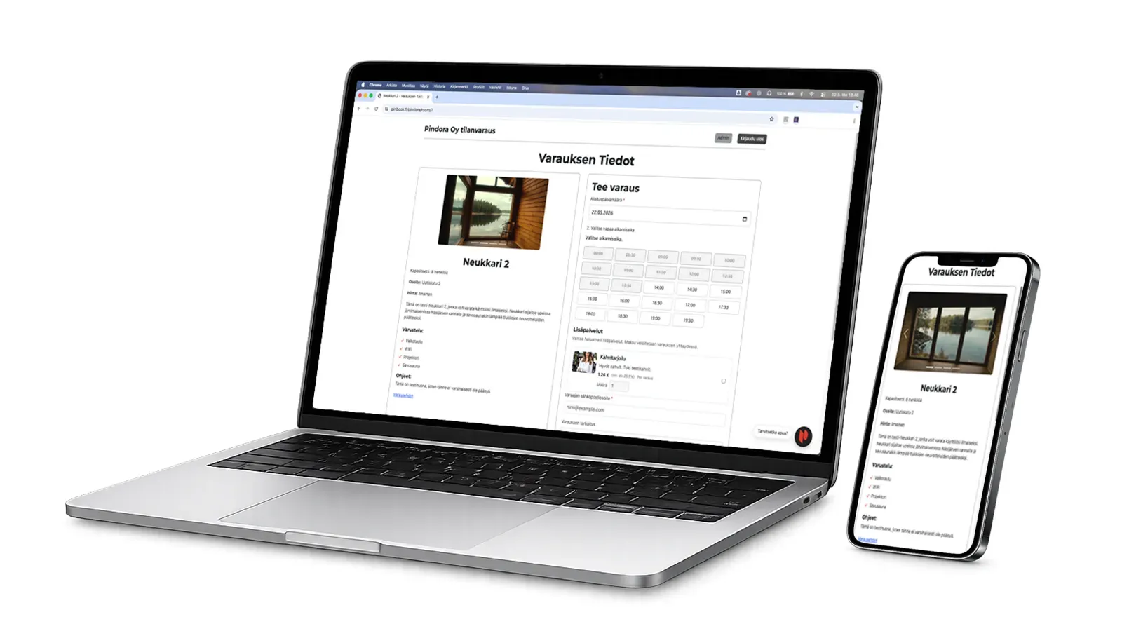 Pinbook julkinen varausnäkymä läppärin ja puhelimen näytöllä