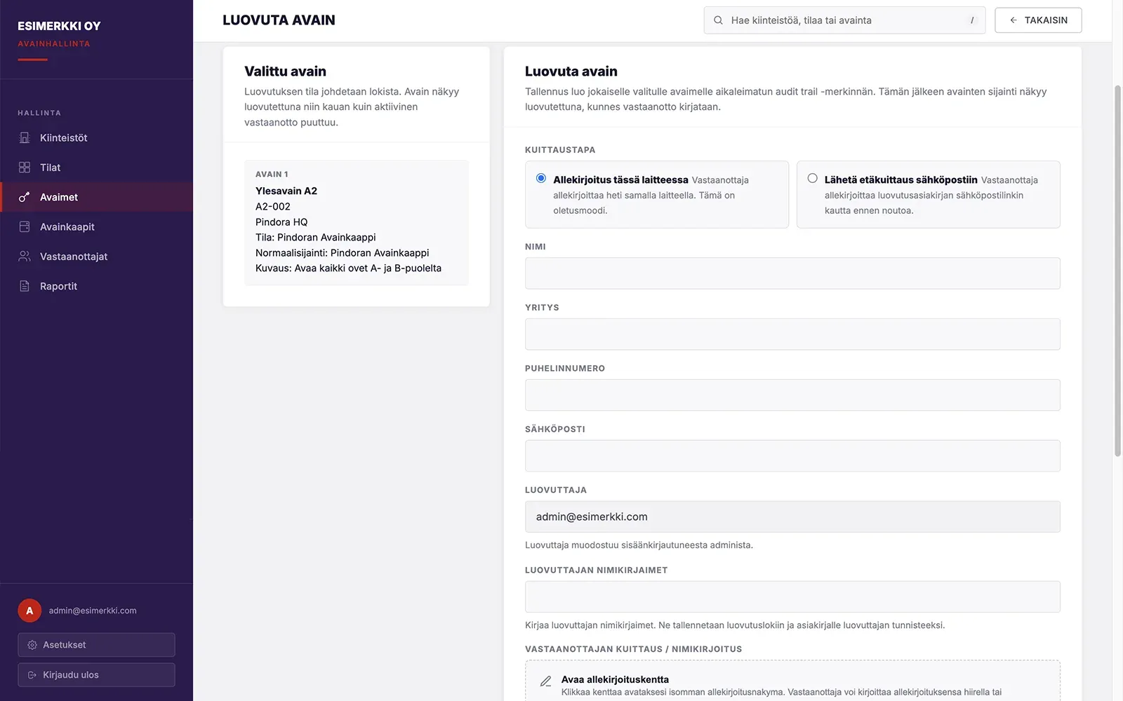 Avainten luovutus ja allekirjoitus